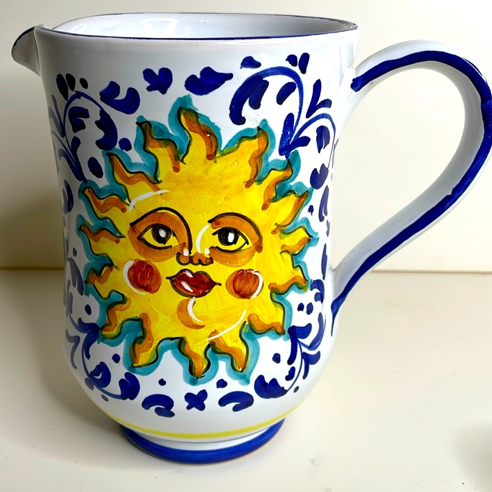 Vintage Starbucks yellow blue sun pitcher, exclusively by Sberna Deruta Italy